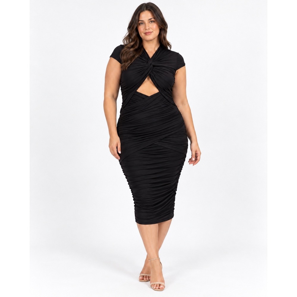Torn by Ronny Kobo Heidi Dress Black Ruched Keyhole Cutout Midi Size L Twist